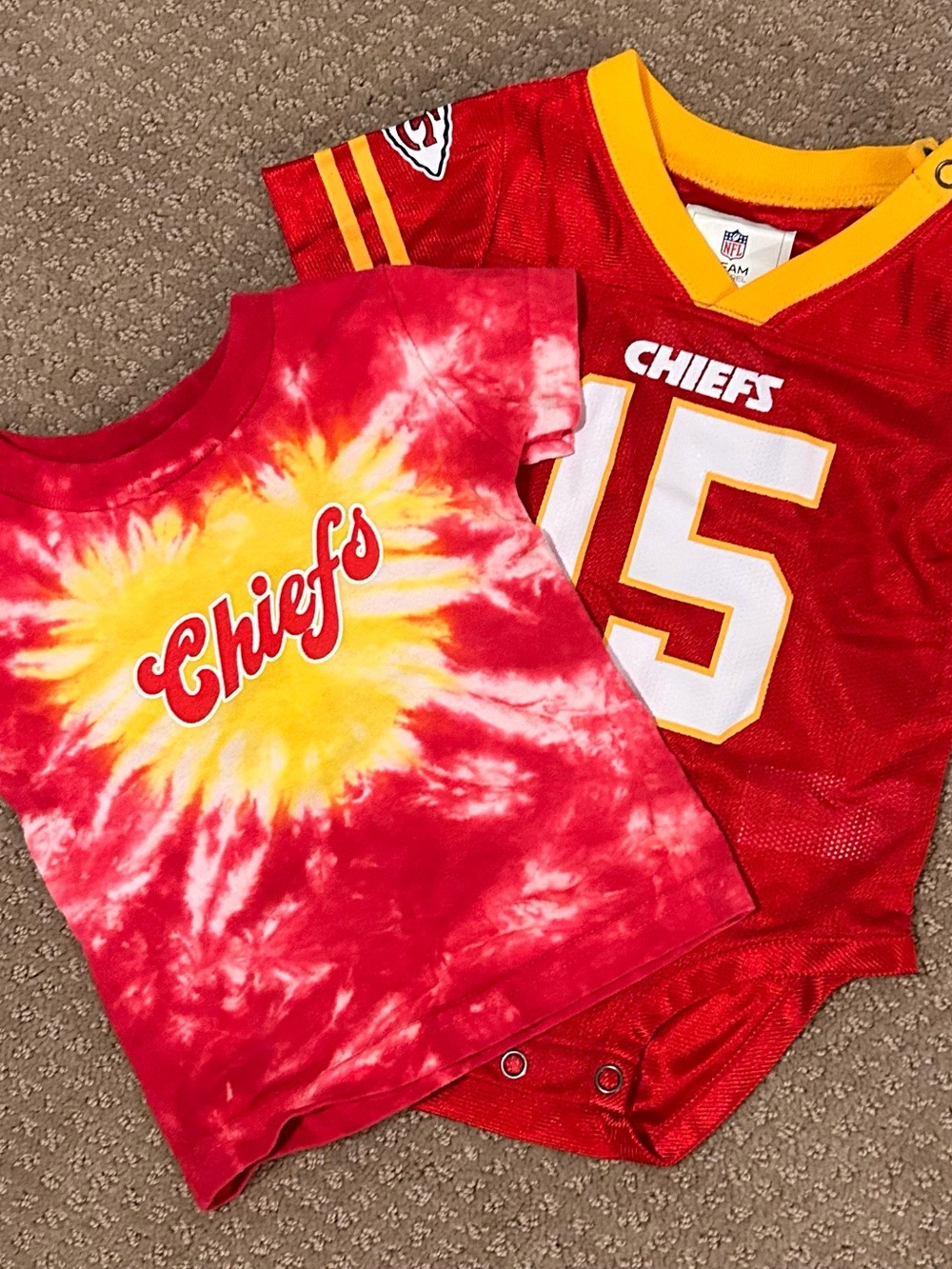 3-6 month Chiefs Mahomes Onesie and Tie-Dye Tee in Red & Yellow